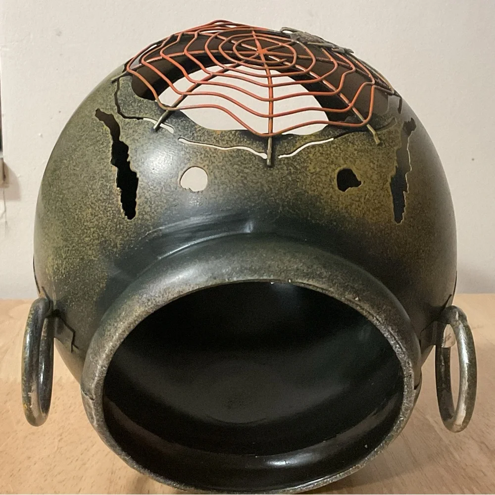 Pink Zebra Rusty Metal Witch Cauldron Spider Web Accent Shade Halloween Decor